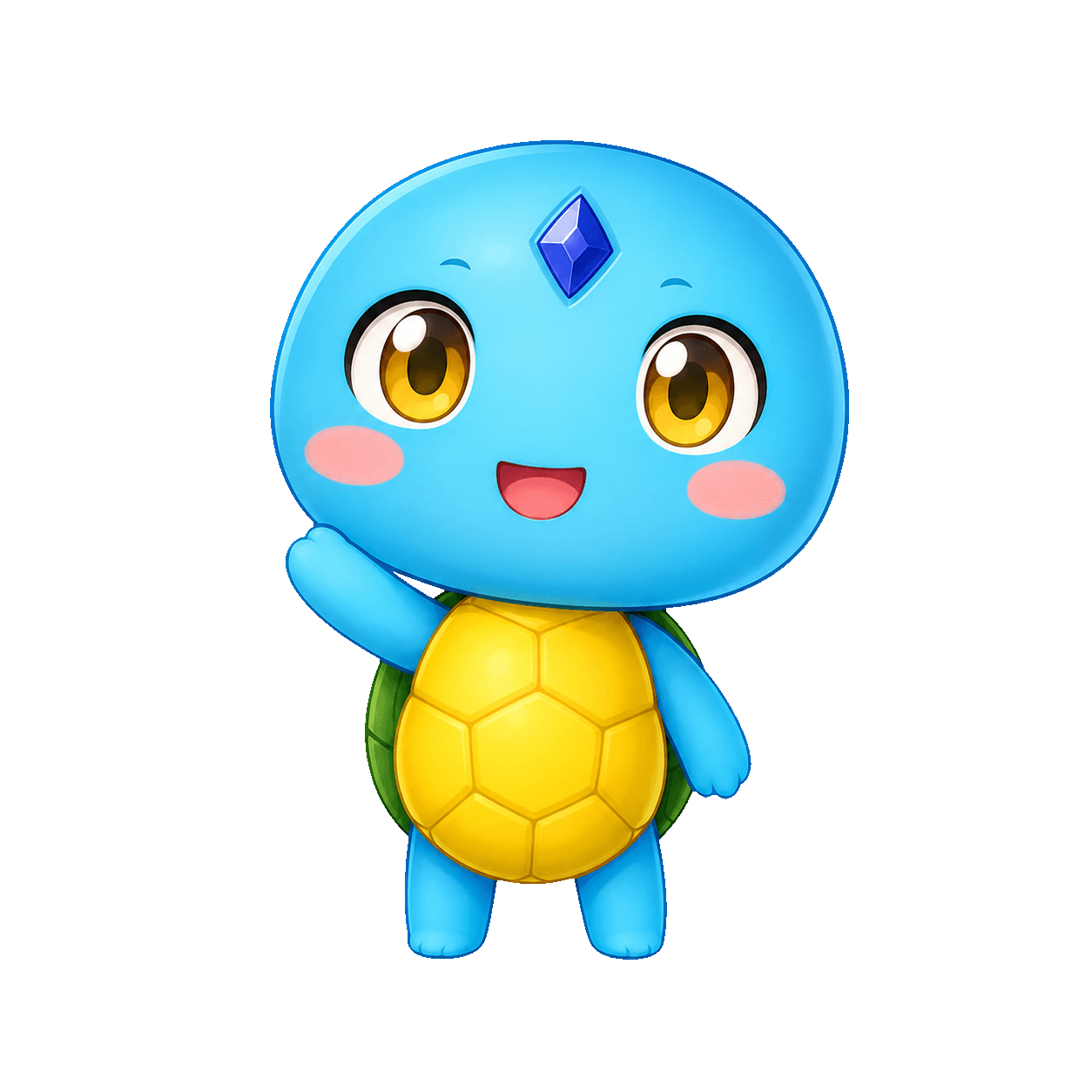 手を振って迎える、水色のカメのキャラクター「ギルガメ」