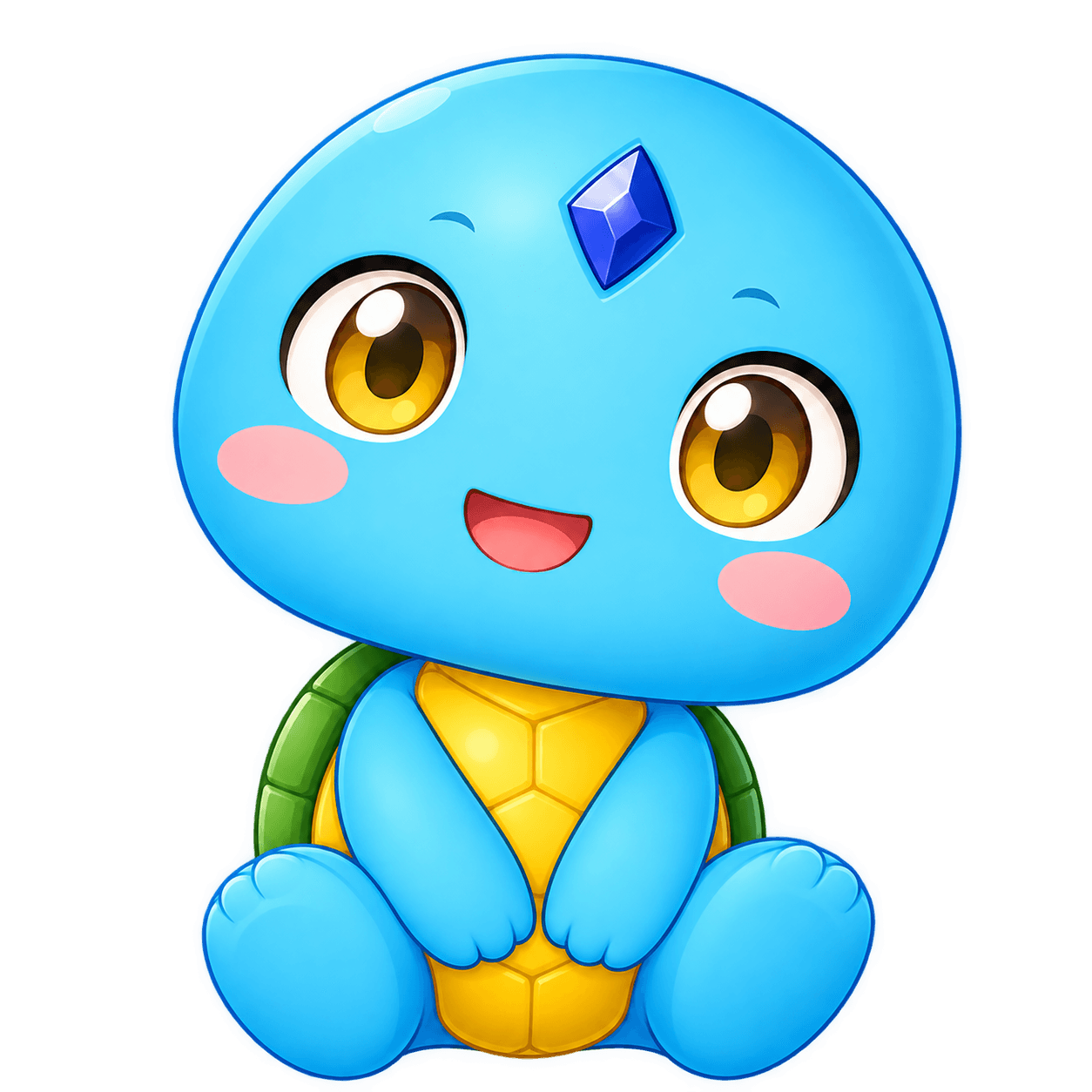 Gilgame, a sky-blue turtle with a golden shell and a blue crystal